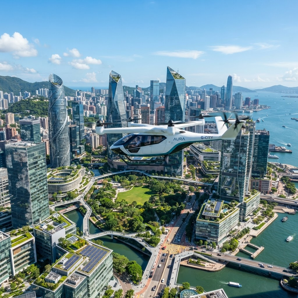 A passenger drone taxi cruising over a modern smart city