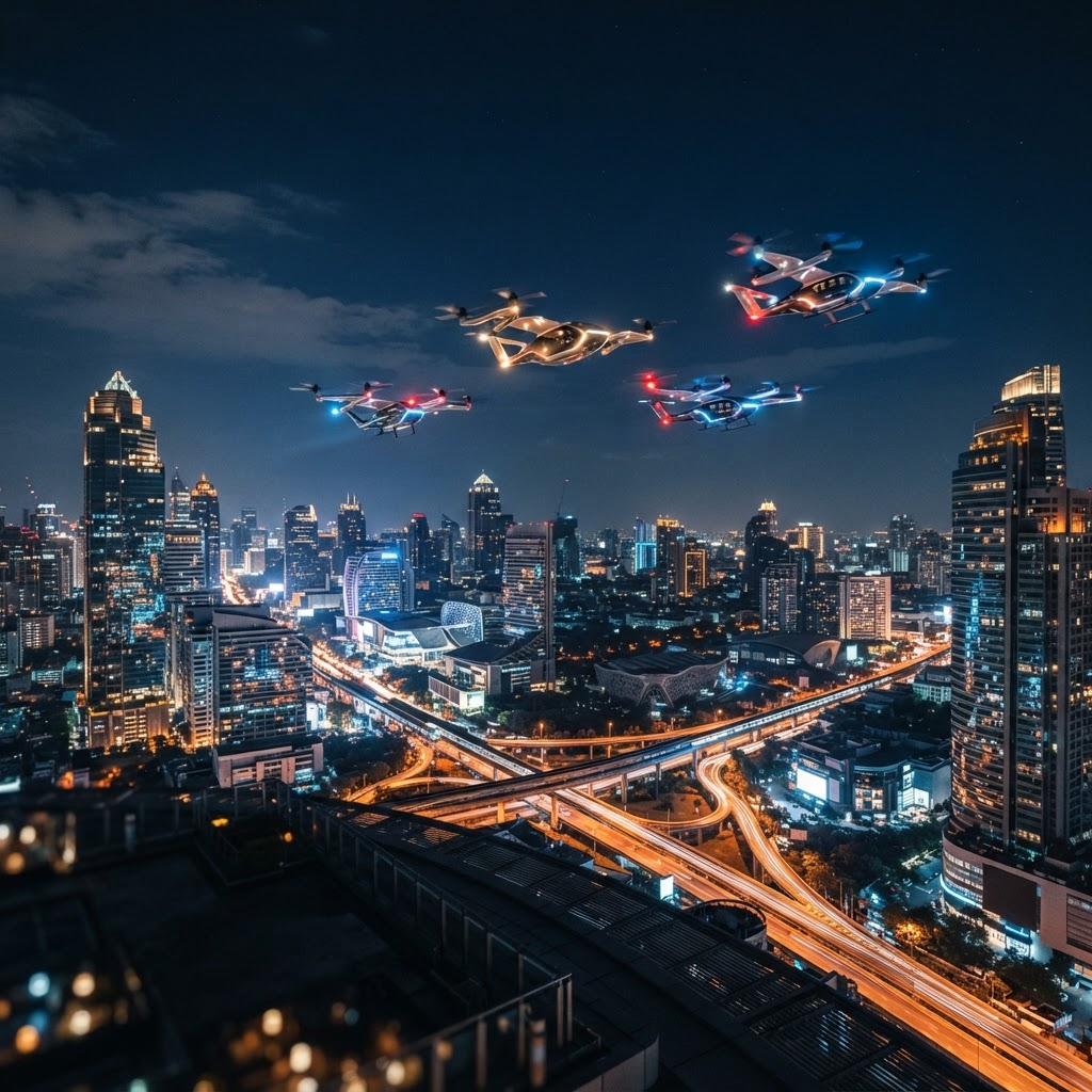 A fleet of illuminated drone taxis flying above a glowing city at night